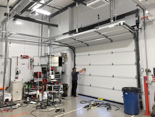 Corona Garage Door Repair certified technician performing commercial door repair at a Corona business facility