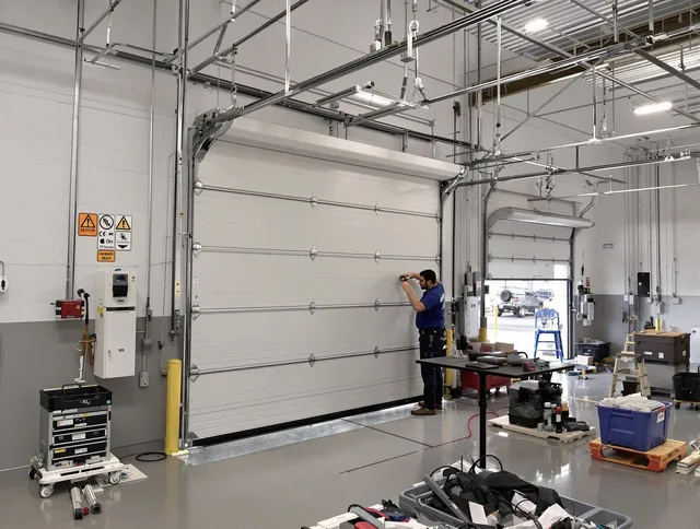 Commercial garage door repair being performed by Corona Garage Door Repair expert in Corona