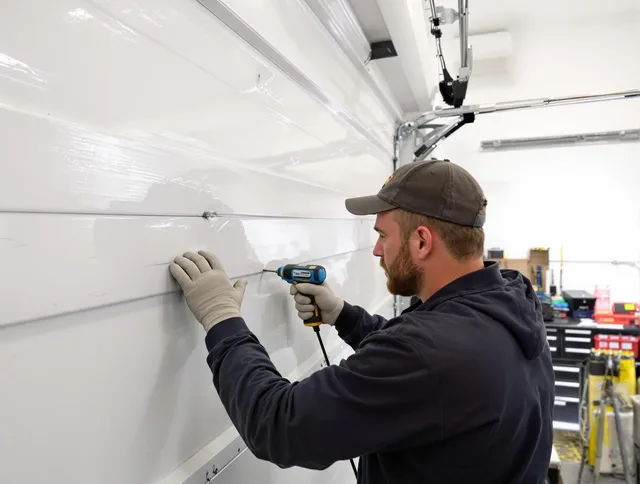 Corona Garage Door Repair technician demonstrating precision dent removal techniques on a Corona garage door