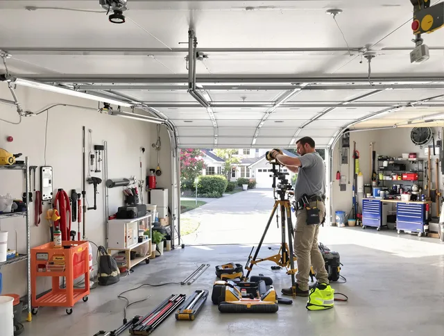 Corona Garage Door Repair specialist performing laser-guided track alignment in Corona